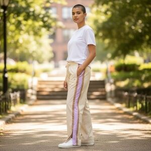 JoyLab Track Pants Wide Leg High Rise Beige Lilac / Brown Stripe Size XL Tall